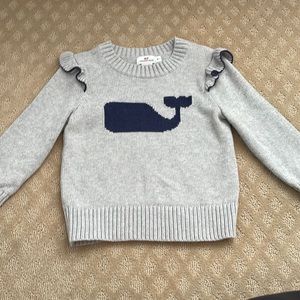 Toddler Girl Vineyard Vine Gray and Navy Logo Sweater with ruffles on shoulder